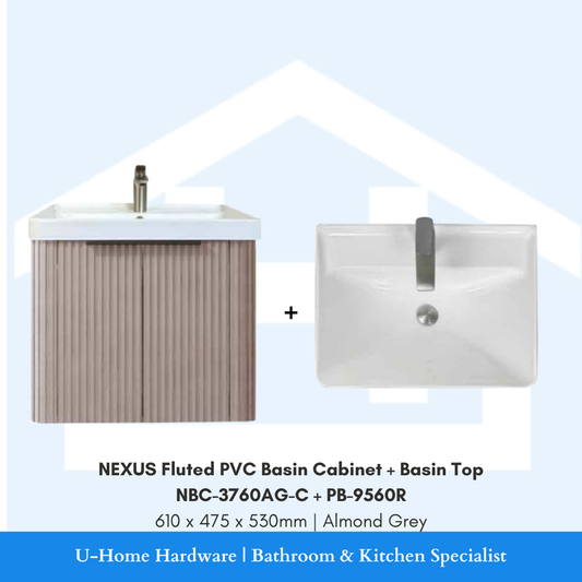 NEXUS NBC 3760AG C fluted PVC bathroom cabinet in Almond Grey with a PB 9560R deep bowl basin top
