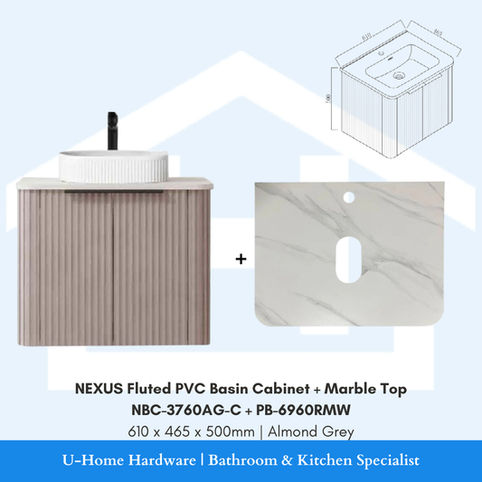NEXUS NBC 3760AG C fluted PVC bathroom cabinet in Almond Grey with a PB 6960RMW Marble White top.
