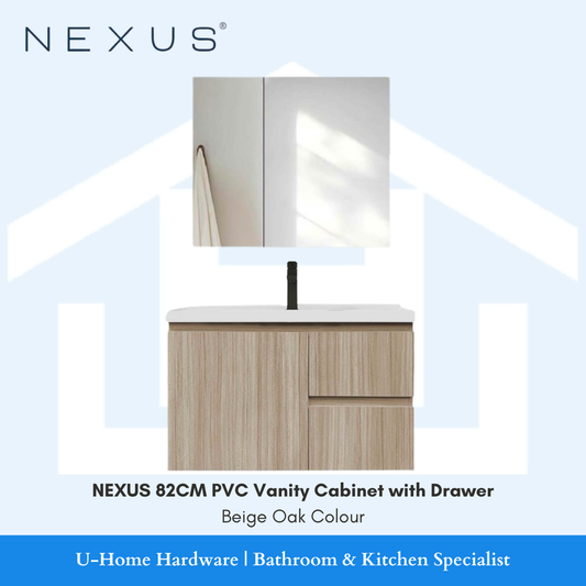 Nexus 82CM PVC Vanity Cabinet with Drawer in Beige Oak Colour on a light blue background