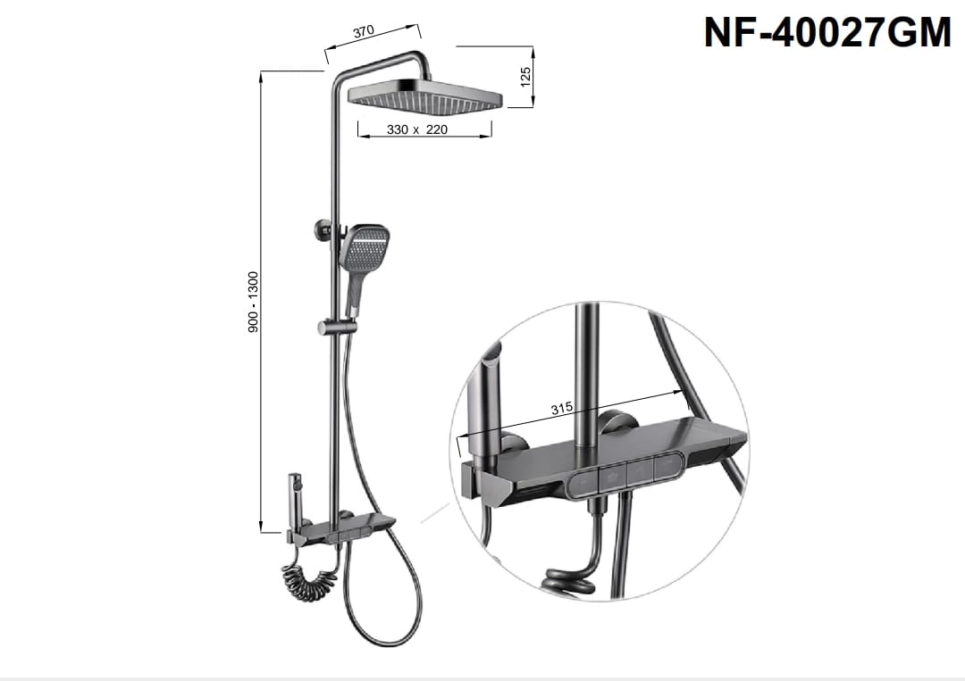 Shower system with dimensions and specifications on a white background