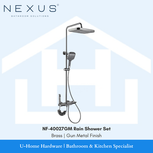 NEXUS NF-40027GM Gun Metal Rain Shower Set featuring a slim cylindrical riser pipe, a large circular overhead rain shower, and a matching ergonomic hand shower in a matte metallic gunmetal finish. with adjustable hand shower and matte grey finish. fingerprint-resistant finish and easy-clean silicone nozzles