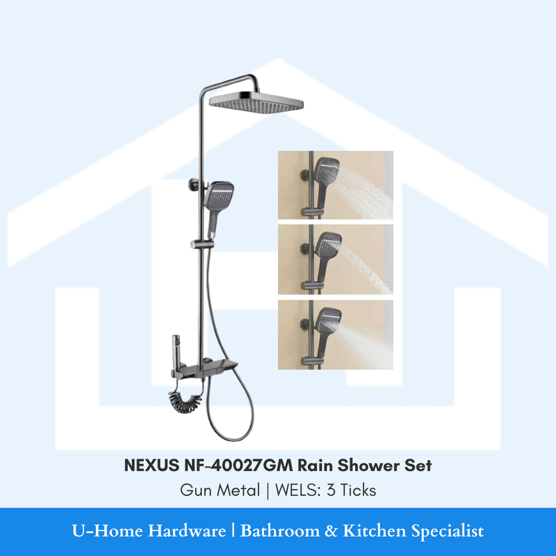NEXUS NF-40027GM Gun Metal rain shower set installed, highlighting the minimalist riser rail and contemporary dark industrial finish