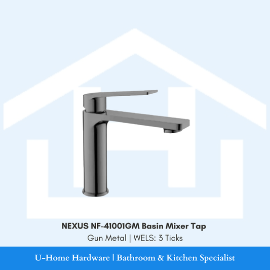 Isolated product cutout of the NEXUS NF-41001GM Basin Mixer, highlighting the sleek modern silhouette and the premium brushed Gun Metal finish