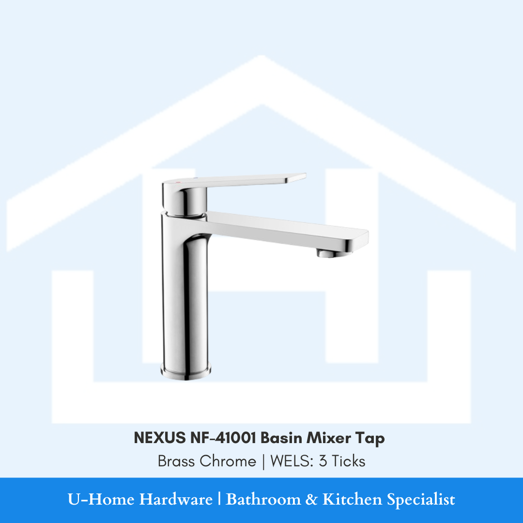 Isolated product cutout of the NEXUS NF-41001 Basin Mixer, highlighting the sleek modern silhouette and the premium high-shine Brass Chrome finish