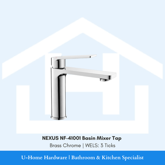 Isolated product cutout of the NEXUS NF-41001 Basin Mixer, highlighting the sleek modern silhouette and the premium high-shine Brass Chrome finish
