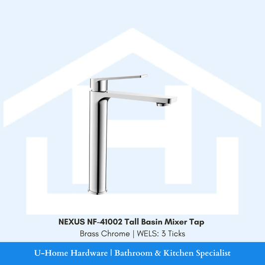 Isolated product cutout of the NEXUS NF-41002 Tall Basin Mixer, highlighting its extended height designed specifically for above-counter vessel basins