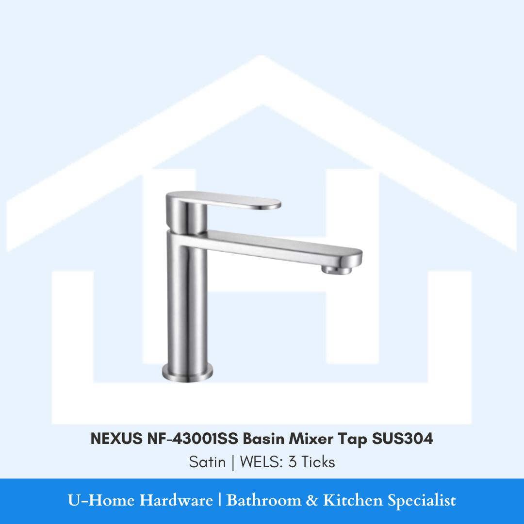 Isolated product cutout of the NEXUS NF-43001SS Basin Mixer, highlighting the sleek modern silhouette and the premium brushed Satin stainless steel finish
