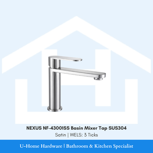Isolated product cutout of the NEXUS NF-43001SS Basin Mixer, highlighting the sleek modern silhouette and the premium brushed Satin stainless steel finish