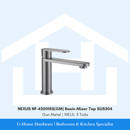 Isolated product cutout of the NEXUS NF-43001SS Basin Mixer, highlighting the sleek modern silhouette and the premium brushed Satin stainless steel finish