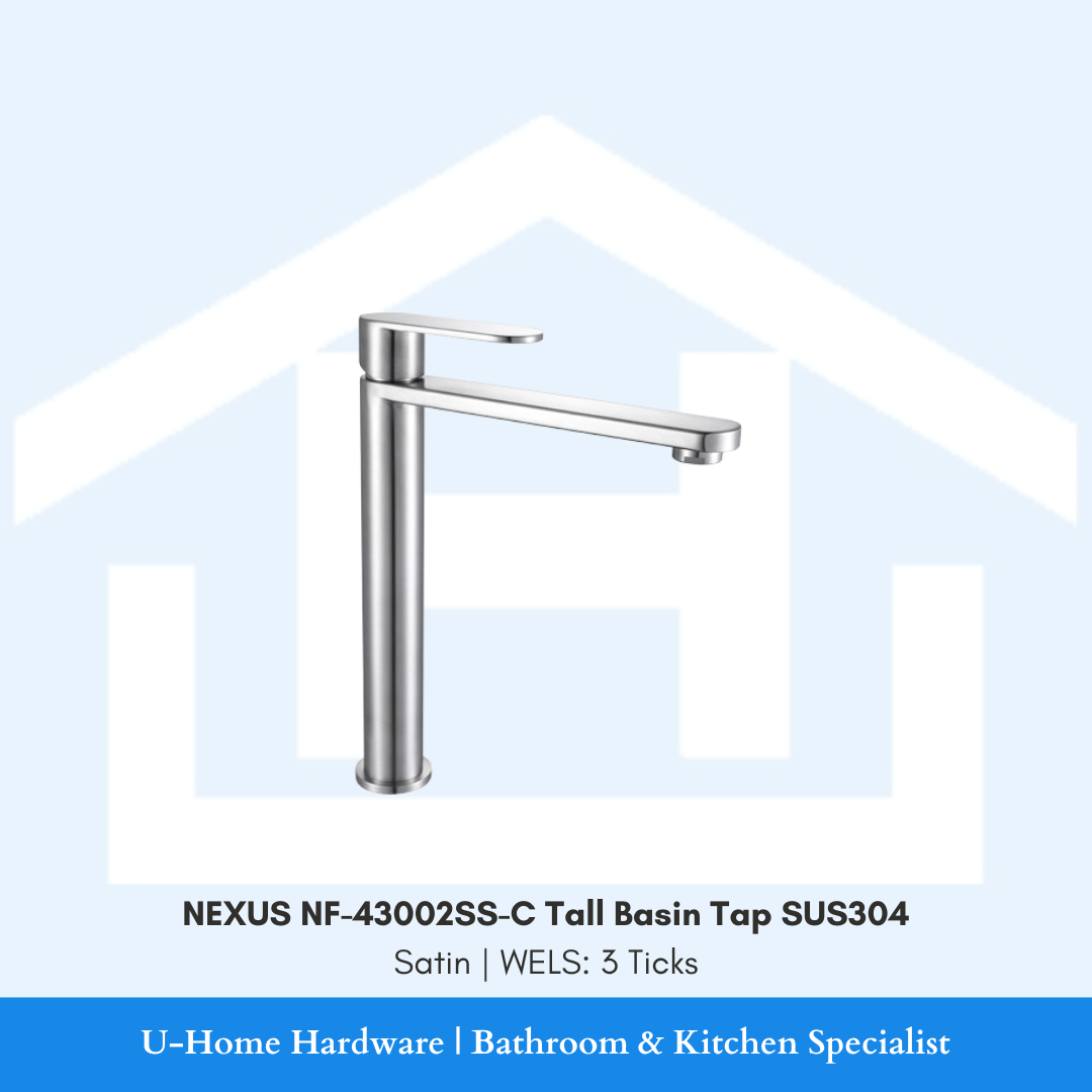 Isolated product cutout of the NEXUS NF-41002GM Tall Basin Mixer, highlighting its elongated neck and premium Satin for vessel basin setups
