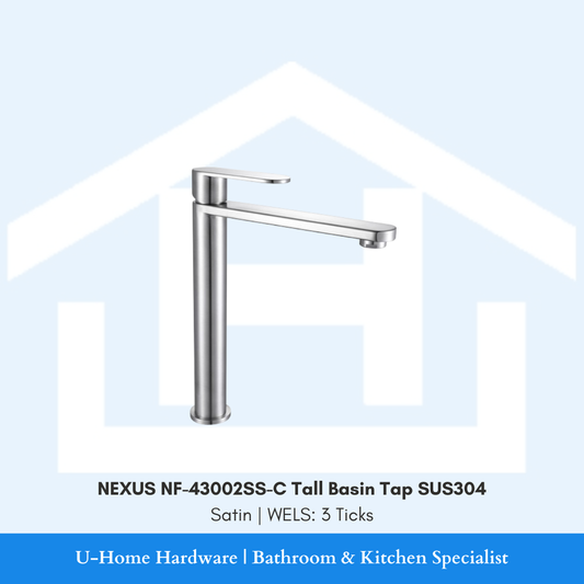 Isolated product cutout of the NEXUS NF-41002GM Tall Basin Mixer, highlighting its elongated neck and premium Satin for vessel basin setups