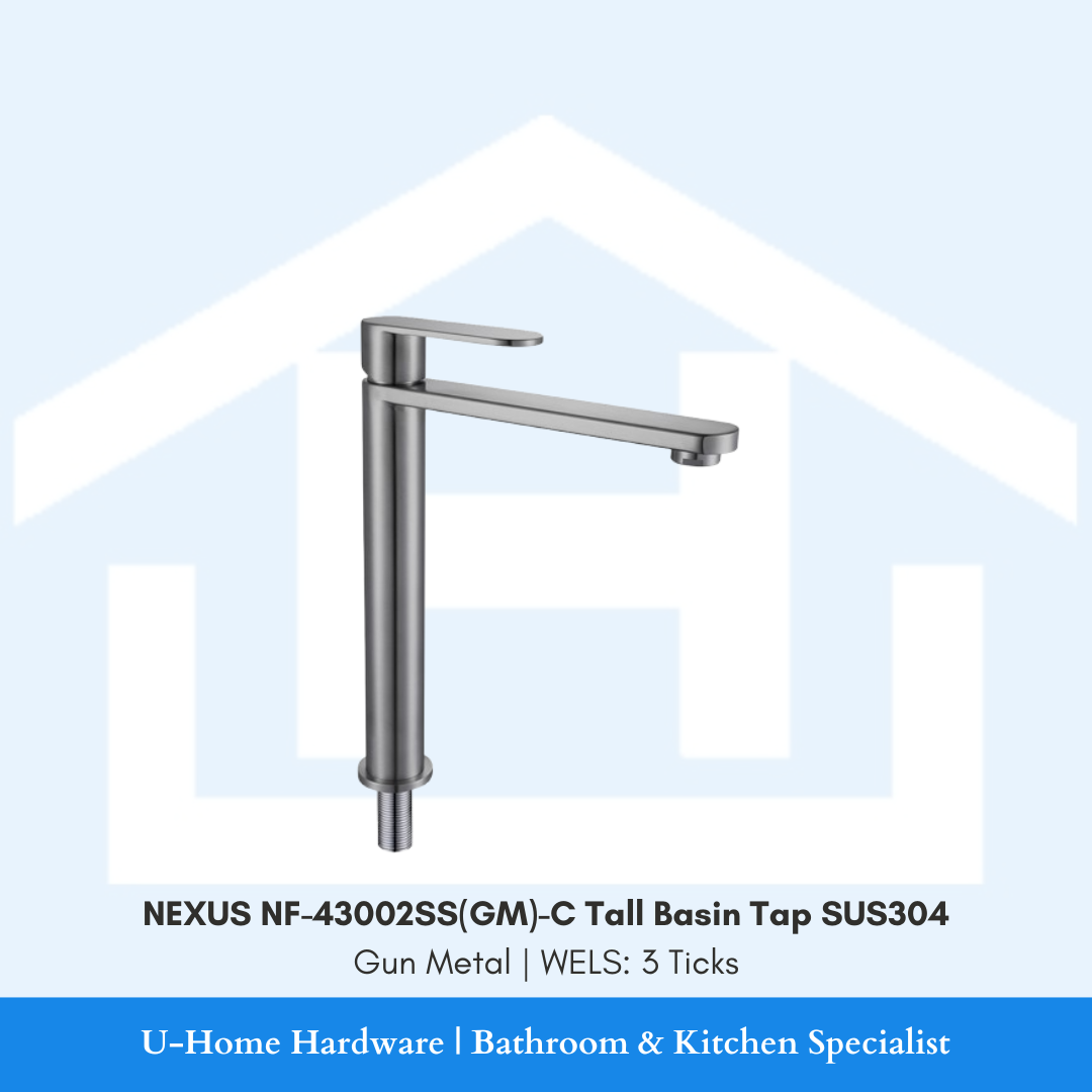 Isolated product cutout of the NEXUS NF-43002SS(GM)-C Tall Basin Tap, highlighting its elongated neck and premium brushed Gun Metal finish