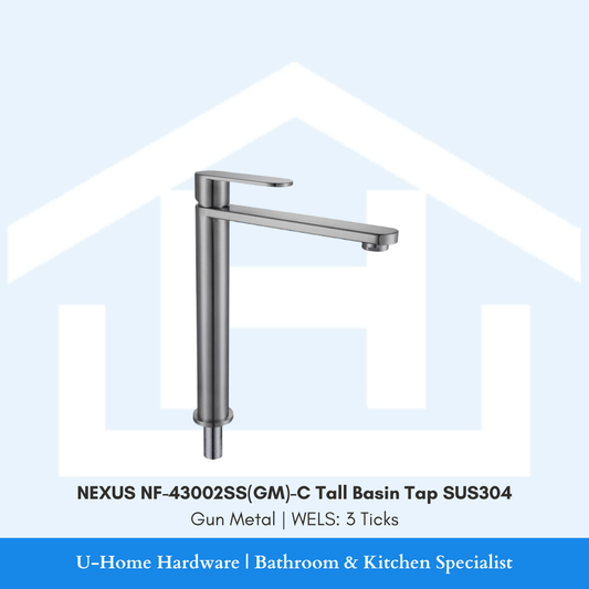 Isolated product cutout of the NEXUS NF-43002SS(GM)-C Tall Basin Tap, highlighting its elongated neck and premium brushed Gun Metal finish