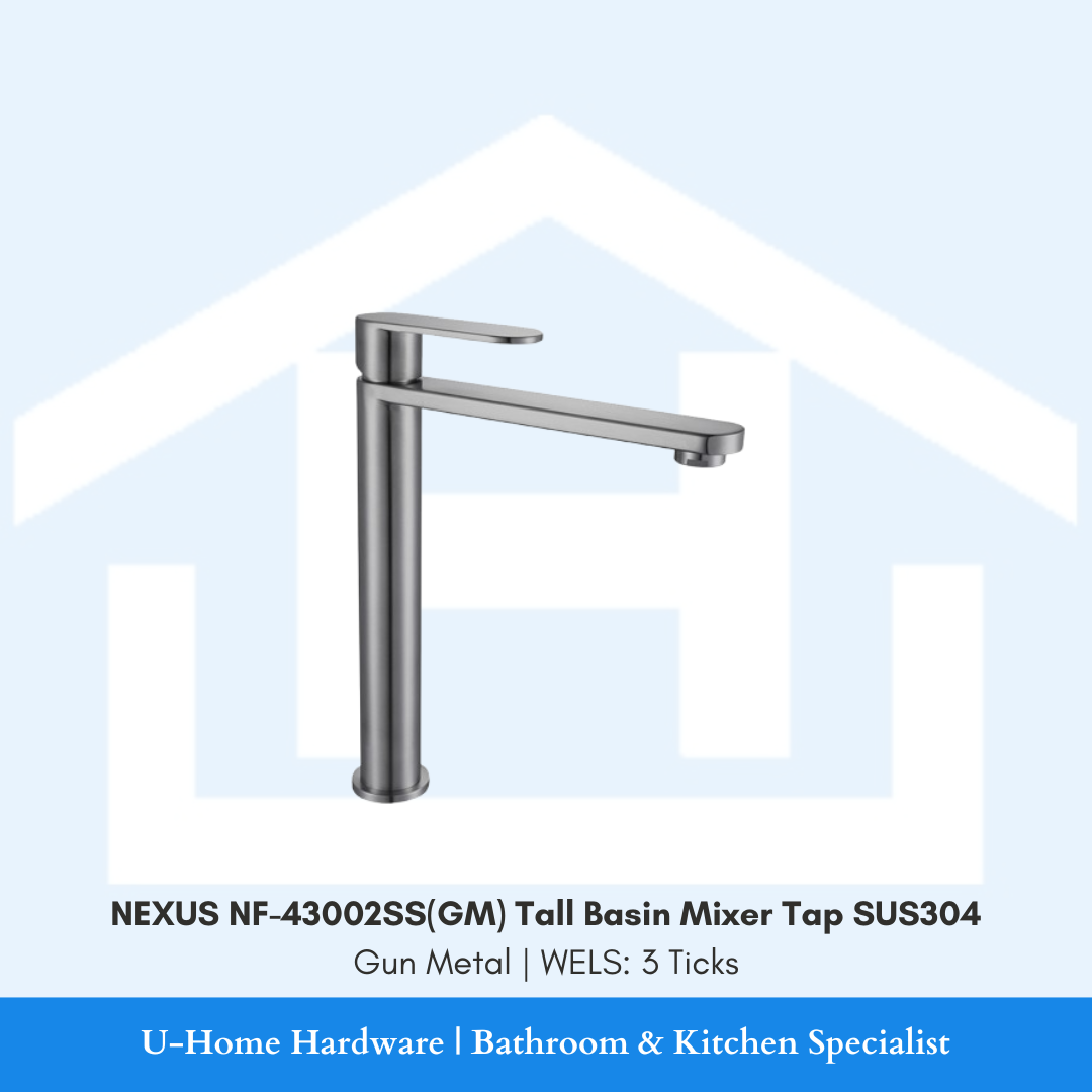 Isolated product cutout of the NEXUS NF-43002SS(GM) Tall Basin Mixer, highlighting its extended height and premium brushed Gun Metal finish for vessel basins.