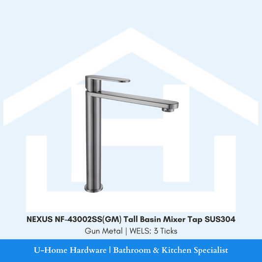 Isolated product cutout of the NEXUS NF-43002SS(GM) Tall Basin Mixer, highlighting its extended height and premium brushed Gun Metal finish for vessel basins.