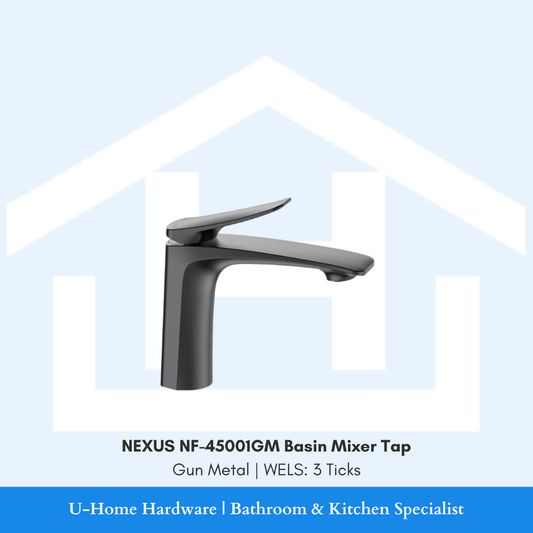 Isolated product cutout of the NEXUS NF-45001GM Basin Mixer, highlighting the sleek modern silhouette and the premium brushed Gun Metal finish