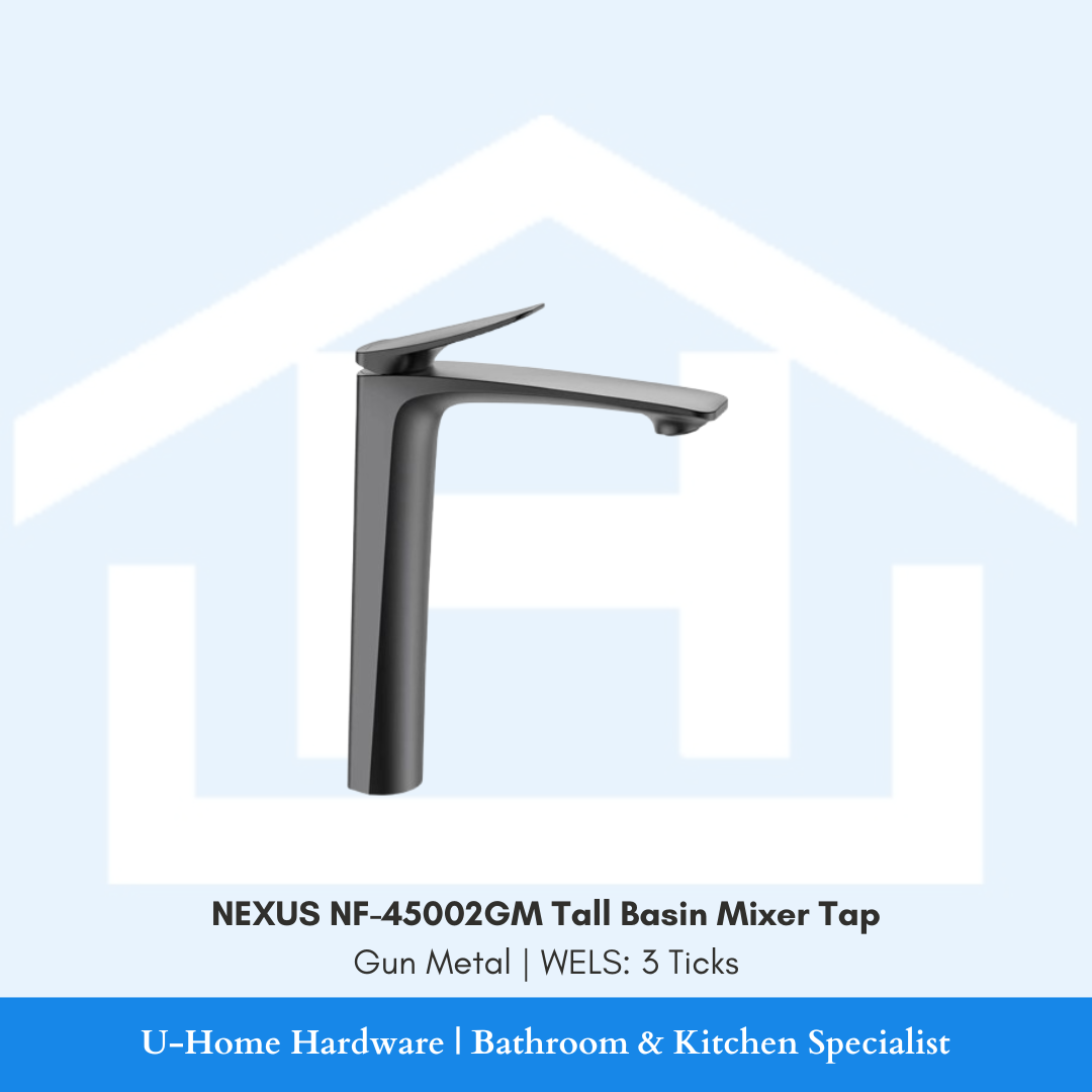 Isolated product cutout of the NEXUS NF-45002GM Tall Basin Mixer, highlighting its elongated neck and premium brushed Gun Metal finish for designer vessel basins