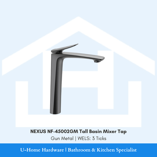 Isolated product cutout of the NEXUS NF-45002GM Tall Basin Mixer, highlighting its elongated neck and premium brushed Gun Metal finish for designer vessel basins