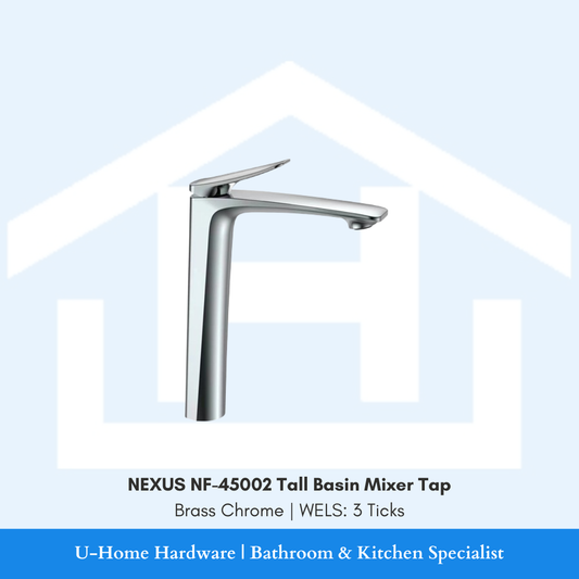Isolated product cutout of the NEXUS NF-43002SS(GM) Tall Basin Mixer, highlighting its extended height and premium brushed Gun Metal finish for vessel basins