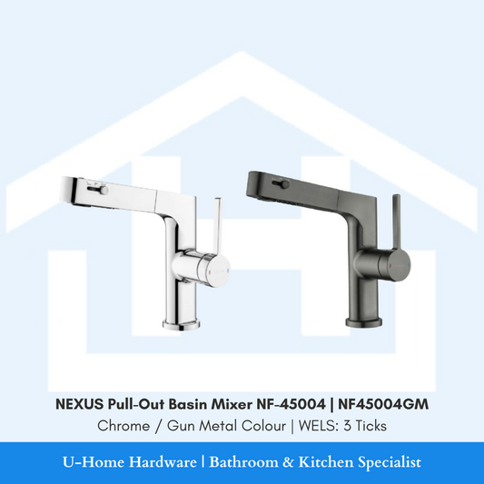 A modern NEXUS NF-45004 pull-out basin mixer featuring an extendable spray head for easy hair washing and basin cleaning, shown in a sleek cylindrical design with a single-lever handle.