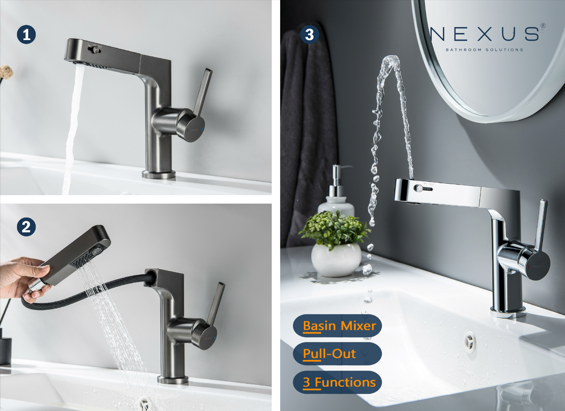 NEXUS NF-45004 polished chrome basin mixer featuring a sleek cylindrical body and a retractable pull-out spray head for versatile bathroom use