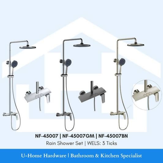 Rain shower set with various components on a light blue background, featuring U-Home Hardware branding.

NEXUS NF-45007 | NF-45007GM | NF-45007BN Rain Shower Set