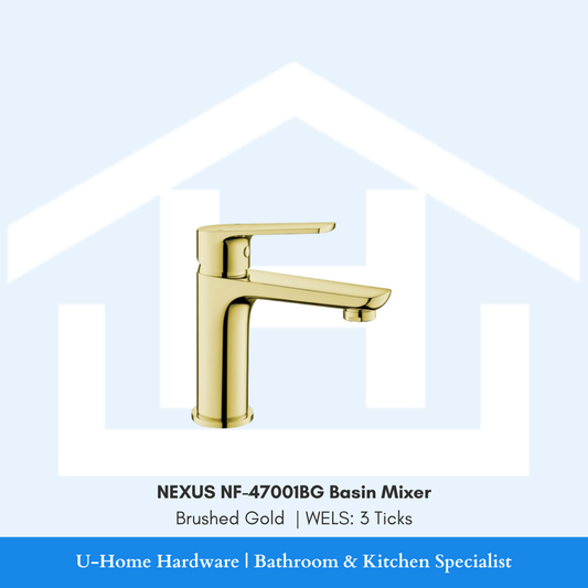 Isolated product cutout of the NEXUS NF-47001BG Basin Mixer, highlighting the modern silhouette and the Brushed Gold finish