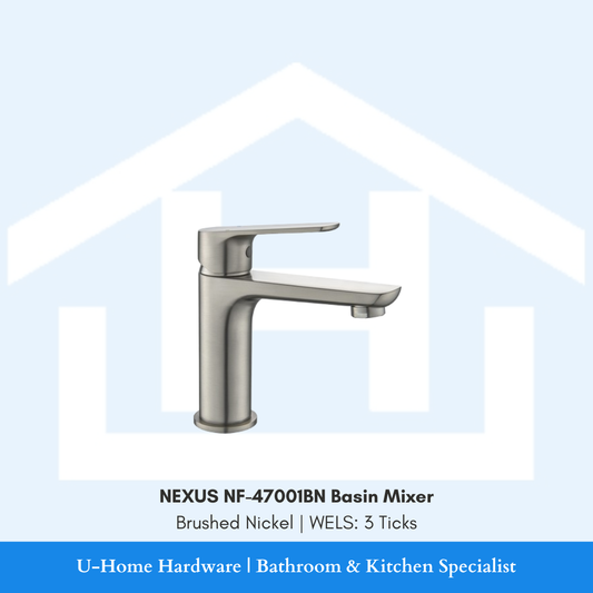 Isolated product cutout of the NEXUS NF-47001BN Basin Mixer, highlighting its sleek modern silhouette and the premium warm Brushed Nickel finish