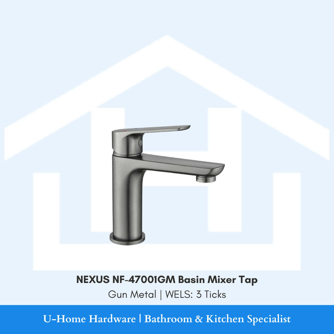 Isolated product cutout of the NEXUS NF-47001GM Basin Mixer, highlighting its sleek modern silhouette and the premium brushed Gun Metal finish