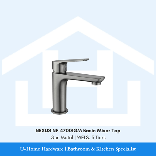 Isolated product cutout of the NEXUS NF-47001GM Basin Mixer, highlighting its sleek modern silhouette and the premium brushed Gun Metal finish