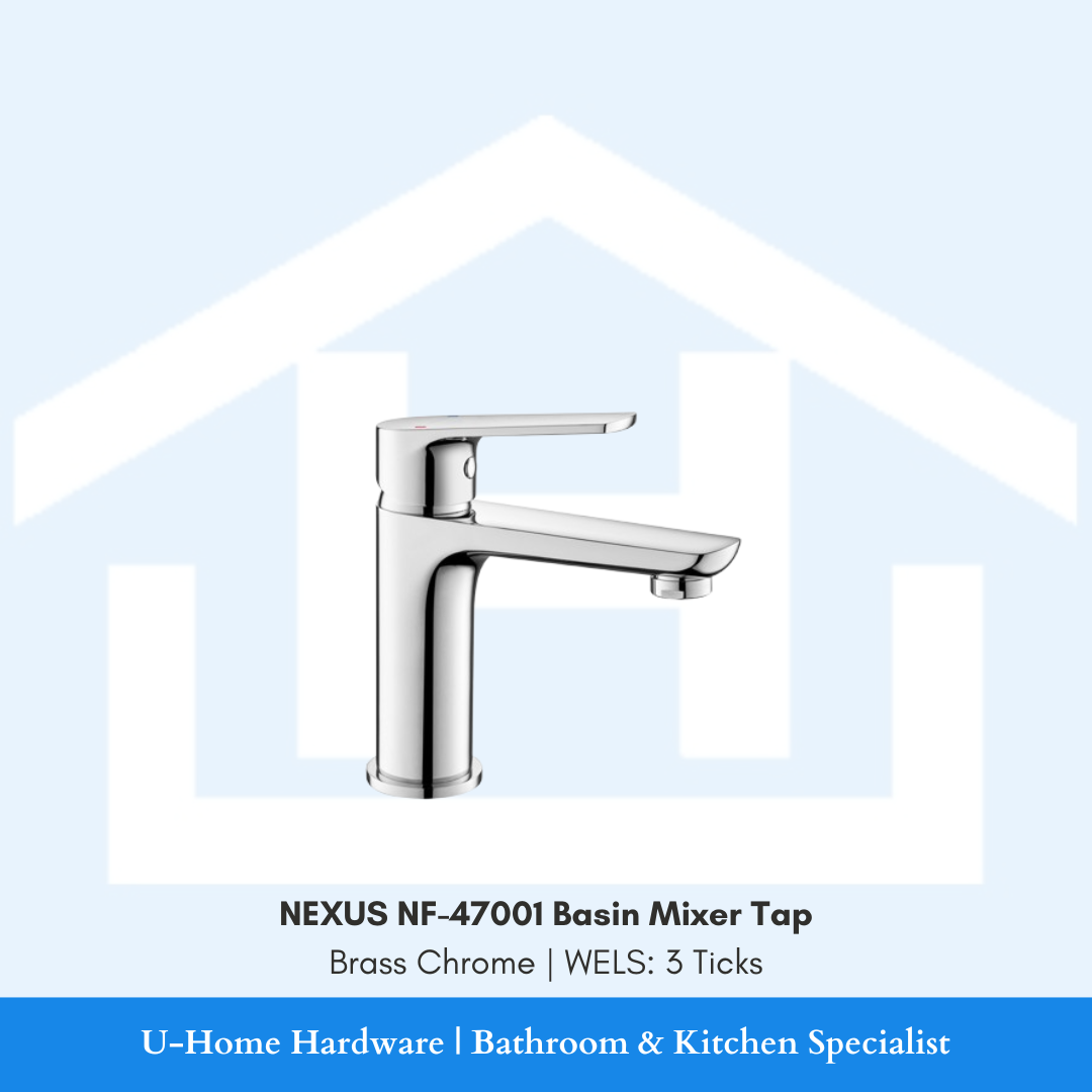Isolated product cutout of the NEXUS NF-47001 Basin Mixer, highlighting the sleek modern design and the premium high-shine Brass Chrome finish