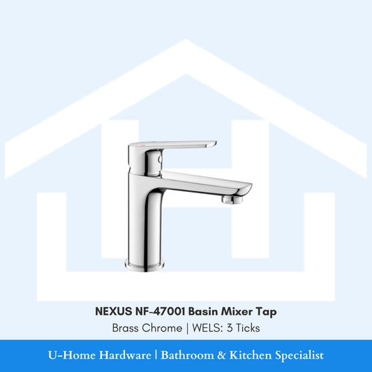 Isolated product cutout of the NEXUS NF-47001 Basin Mixer, highlighting the sleek modern design and the premium high-shine Brass Chrome finish
