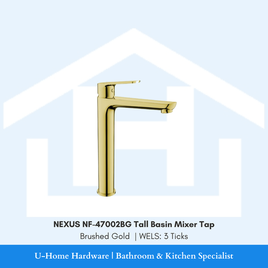 NEXUS NF-47002BG Tall Mixer in Brushed Gold, highlighting the height clearance required for above-counter vessel basins