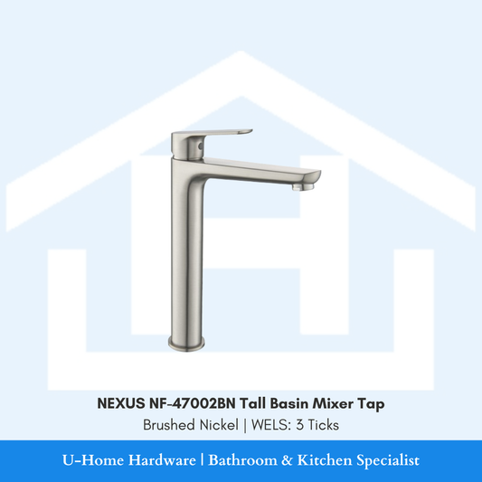 Isolated product cutout of the NEXUS NF-47002BN Tall Basin Mixer, highlighting its elongated neck and premium Brushed Nickel finish for above-counter basins