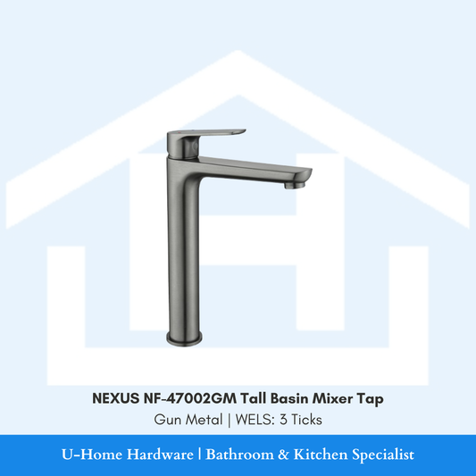 Isolated product cutout of the NEXUS NF-47002GM Tall Basin Mixer, highlighting its elongated neck and premium brushed Gun Metal finish for designer vessel basins