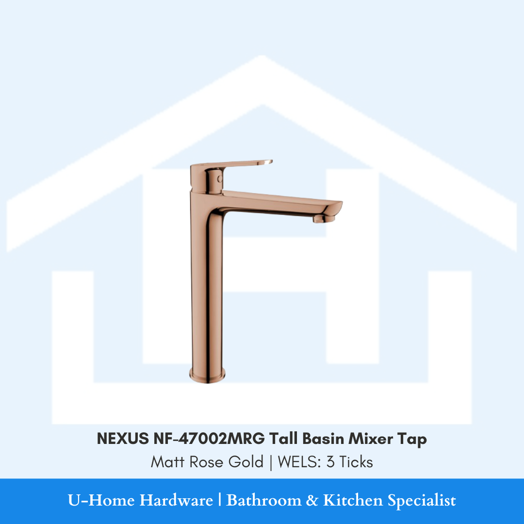 NEXUS NF-47002MRG Tall Mixer in Matt Rose Gold, highlighting the height clearance required for above-counter vessel basins