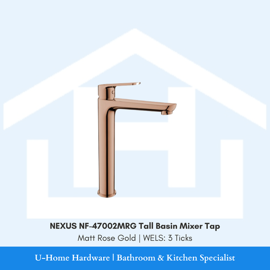 NEXUS NF-47002MRG Tall Mixer in Matt Rose Gold, highlighting the height clearance required for above-counter vessel basins