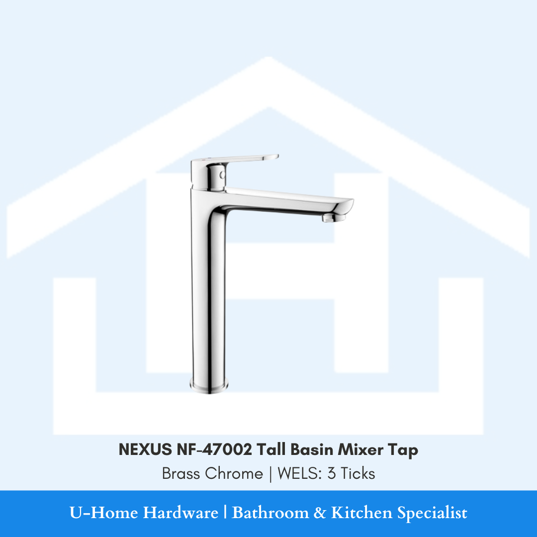 Isolated product cutout of the NEXUS NF-47002 Tall Basin Mixer, highlighting the elongated neck and premium high-shine Brass Chrome finish for vessel basin setups