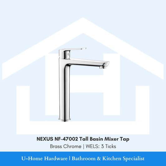 Isolated product cutout of the NEXUS NF-47002 Tall Basin Mixer, highlighting the elongated neck and premium high-shine Brass Chrome finish for vessel basin setups