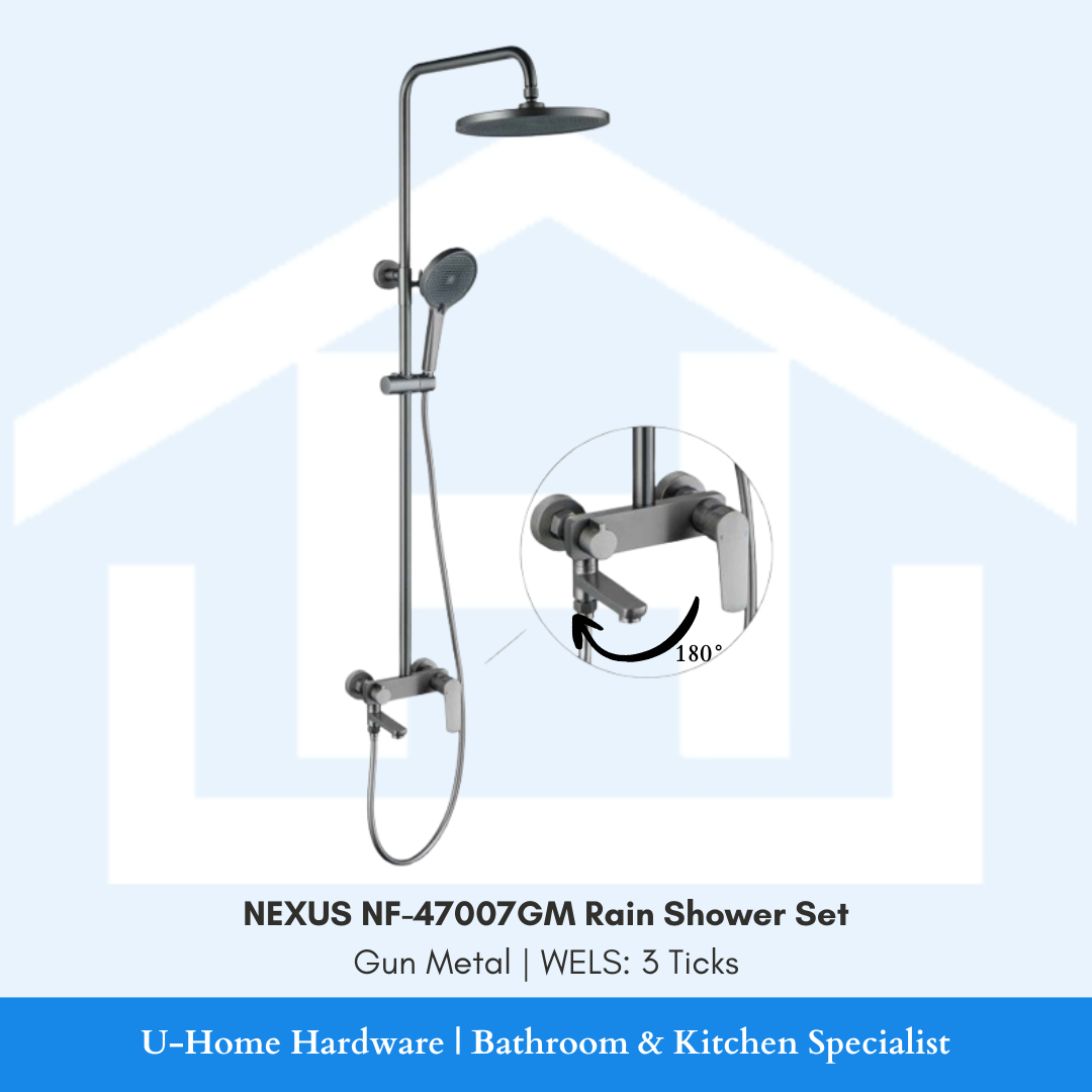 Isolated product cutout of the NEXUS NF-47007GM Rain Shower Set, showcasing the complete matte Gun Metal shower column, overhead rain shower, and handheld shower head complete with bath mixer