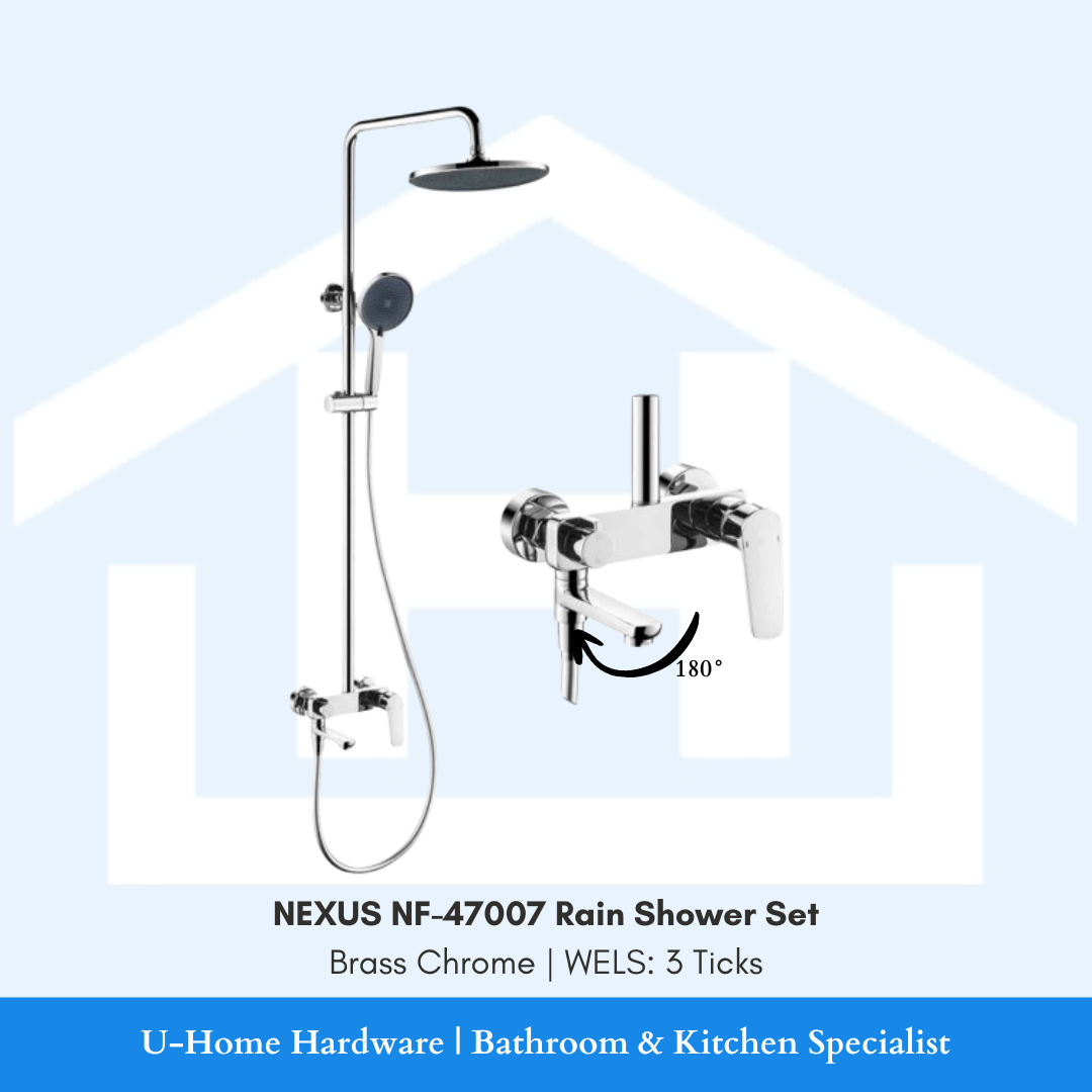 Isolated product cutout of the NEXUS NF-47007 Rain Shower Set, showcasing the complete chrome-plated shower column, overhead rain shower, and handheld shower head, complete with bath mixer that can be turned 180 degrees