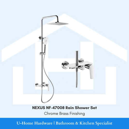 A chrome brass rain shower set, including a shower head and a valve, with the NEXUS brand name visible.
NEXUS NF-47008 Chrome Brass Rain Shower Set