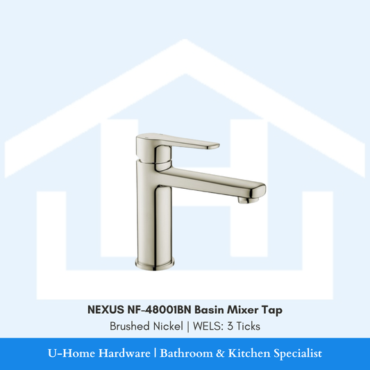 NEXUS NF-48001BN Brushed Nickel tap highlighting the PUB-approved WELS 3-Tick water-saving aerator and premium matte metallic surface