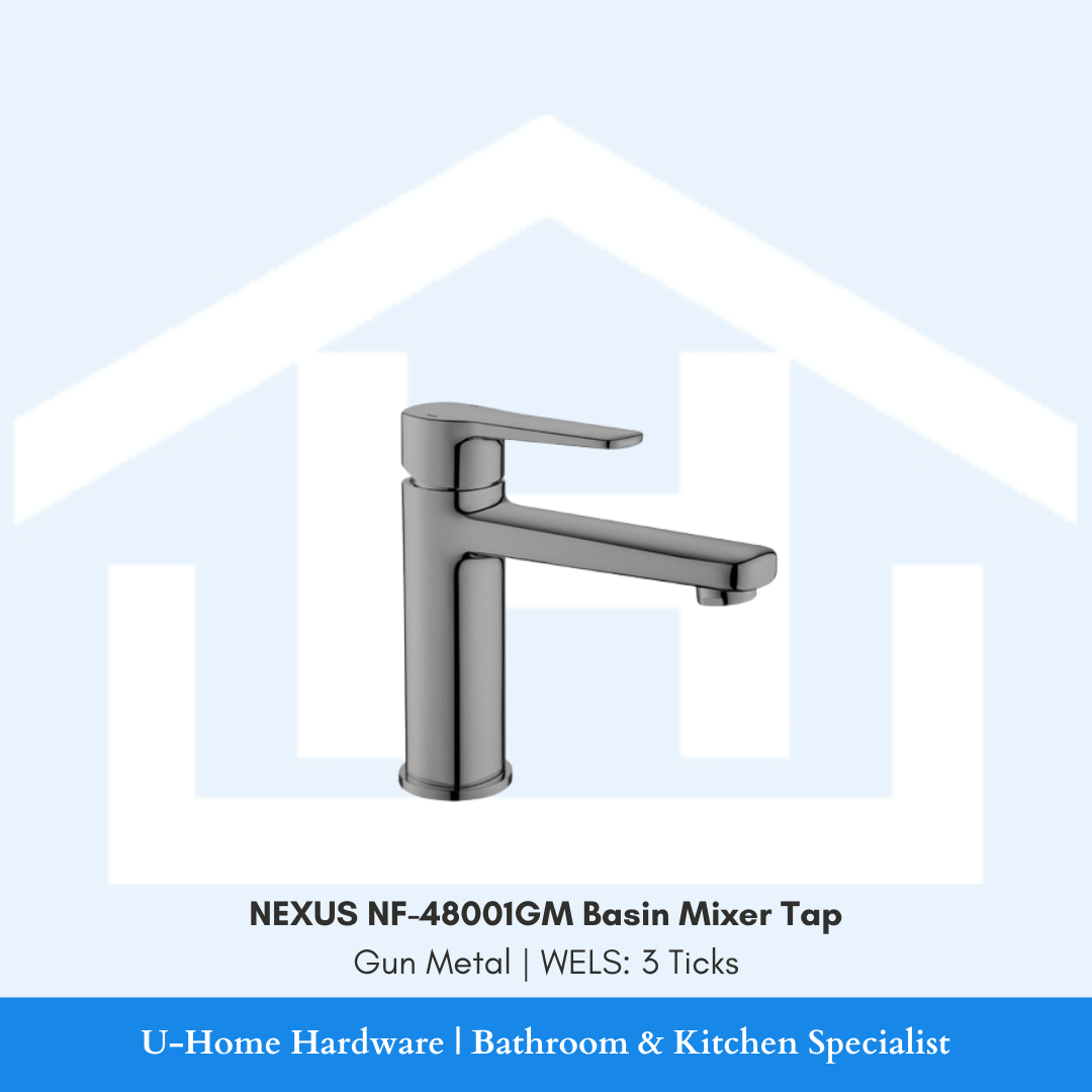 NEXUS NF-48001GM Gun Metal tap showcasing the PUB-approved WELS 3-Tick water-saving aerator and modern dark metallic surface