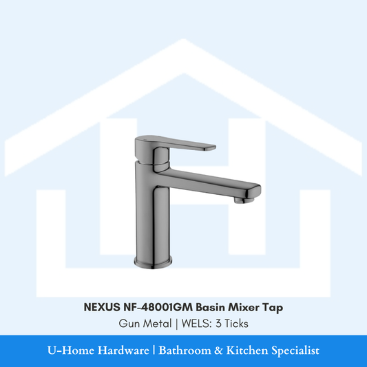 NEXUS NF-48001GM Gun Metal tap showcasing the PUB-approved WELS 3-Tick water-saving aerator and modern dark metallic surface