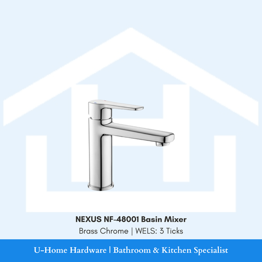 Designer bathroom fixture shot of the NEXUS NF-48001 Brass Chrome Basin Mixer, illustrating the minimalist handle and sleek spout.