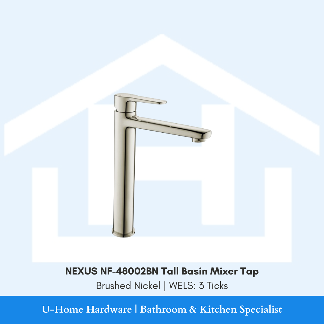 NEXUS NF-48002BN Tall Mixer in Brushed Nickel, showing the height clearance required for mounting behind above-counter vessel basins.