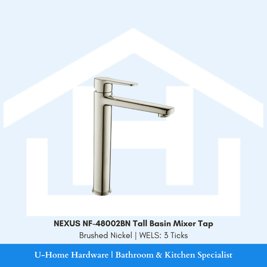 NEXUS NF-48002BN Tall Mixer in Brushed Nickel, showing the height clearance required for mounting behind above-counter vessel basins.