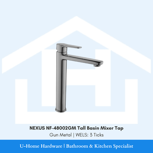 NEXUS NF-48002GM Tall Mixer in Gun Metal, showing the height clearance required for mounting behind above-counter vessel basins.