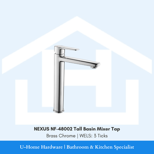 NEXUS NF-48002 Tall Mixer in Brass Chrome, showing the height clearance required for mounting behind above-counter vessel basins.